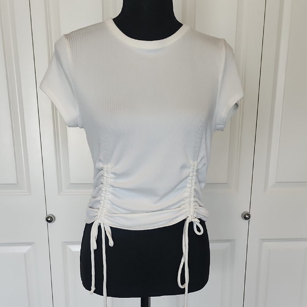 Heart Hips White Ribbed Short Sleeve Tee with Front Drawstrings